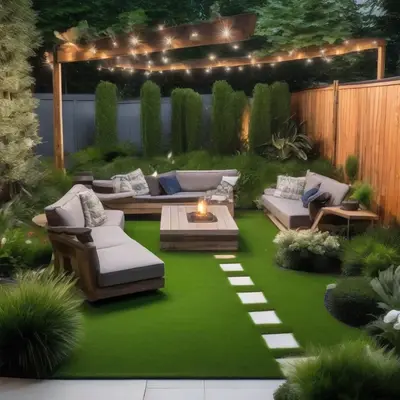 Backyard transformation with lush artificial grass and outdoor seating in Shakhbout City, Abu Dhabi